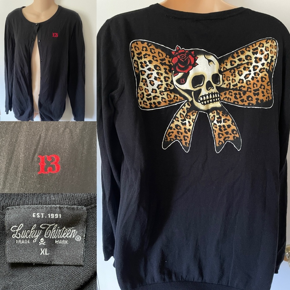 Vintage Y2K Rockabilly Cardigan Skull Lucky 13 XL leopard print bow